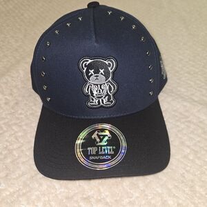 Top Level Men's Snapback Hat. Navy With Gold Hardware. Bear Body